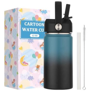 Imagem de Garrafa de água infantil com tampa de canudo - copo térmico de aço inoxidável isolado de 340 g, garrafa esportiva à prova de vazamento de boca larga mantém frio 12H e quente 6H para academia