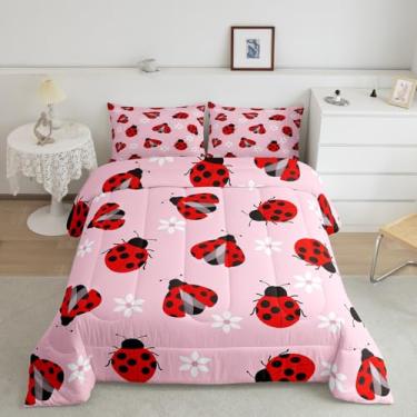 Imagem de Feelyou Conjunto de edredom de joaninha, presente de joaninha, para meninas, meninos, fofo, tamanho queen, jardim, casa de fazenda, animal, conjunto de edredom rosa, 3 peças