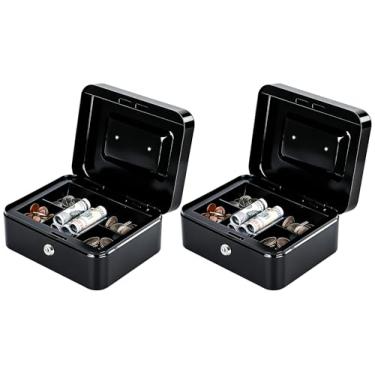 Imagem de KYODOLED Caixa de dinheiro de metal com trava para chave e bandeja de dinheiro – Seguro para casa, escritório e eventos, ideal para dinheiro, medicamentos e itens pequenos, 20 x 16 x 8,5 cm, preta