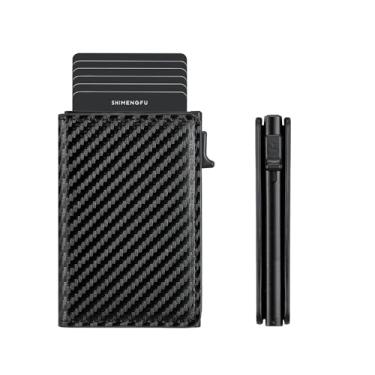 Imagem de Carteira masculina fina pop-up de alumínio com capa de couro com bloqueio de RFID, design compacto minimalista preto, Carbonpreto, Minimalista