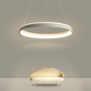Imagem de Luminária pendente redonda de LED com anel, moderna, dimerizável, com controle remoto, para cozinha, sala de jantar, escritório, bar, altura ajustável (Branco)