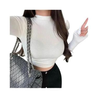 Imagem de Camiseta Cropped Feminina De Manga Longa Com Gola Alta Em Malha Canell