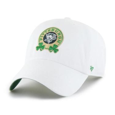 Imagem de 47 Boné ajustável Pittsburgh Penguins St. Paddy's Double Shamrock White Clean Up - NHL, ajuste relaxado, boné de beisebol unissex