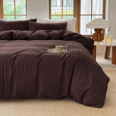 Imagem de BESTDESIL Conjunto de capa de edredom listrado 100% algodão lavado, como roupa de cama respirável e macia (casca de pinho marrom/faixa preta, casal)
