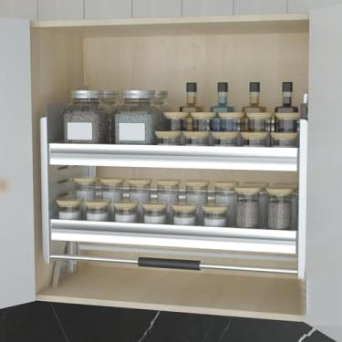 Imagem de Prateleira organizadora de cozinha, prateleira de armário de 2 camadas montada com rolamento ajustável, suporte deslizante de liga de alumínio para montagem na parede com parapeito, prateado (tamanho: