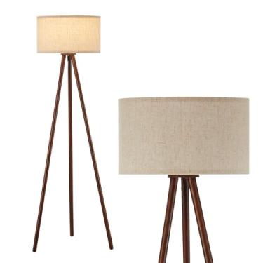 Imagem de Baobab Tree Park BTP Candeeiro de piso de madeira para sala de estar, lâmpada de 3 cores incluídas, luminária de chão de madeira moderna de meados do século com sombra de linho para quarto, escritório