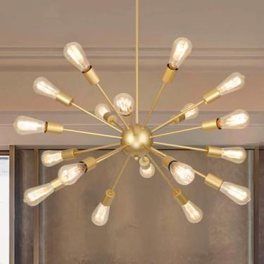 Imagem de 18 lustres Sputnik dourados claros para sala de jantar | Lustres modernos de fazenda sobre mesa para pendurar iluminação para sala de estar, sala de jantar, ilha de cozinha, entrada, hall de entrada