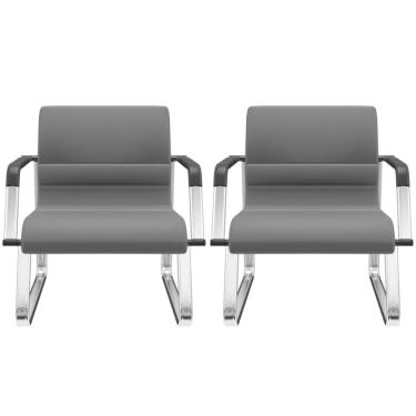 Imagem de Kit 02 Cadeiras de Escritório Recepção Fixa Pés Cromado Lev P03 Vinil Cinza - Lyam Decor