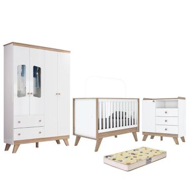 Imagem de Dormitório Infantil Confete Com Guarda Roupa, Cômoda, Berço Branco-jequitibá E Colchão - Móveis Henn Branco-jequitibá