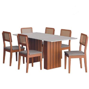 Imagem de Conjunto De Mesa Sala De Jantar Ripada Tampo Com Vidro 1,80m 6 Cadeiras Santiago Dobuê Madeirado Off White