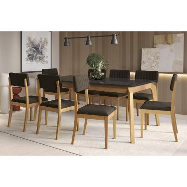 Imagem de Sala Jantar Mesa Petra Premium Madeira Maciça c/ Tampo Madeirado c/ Vidro 200x100cm e 8 Cadeiras Telma Carvalho/Preto - Boucle Chumbo - Kappesberg