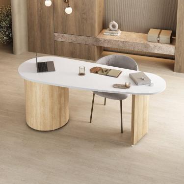 Imagem de Escrivaninha Mesa Orgânica Curva com 4 Gavetas Escritório e Home Office Refinado Ovale Carvalho / Branco