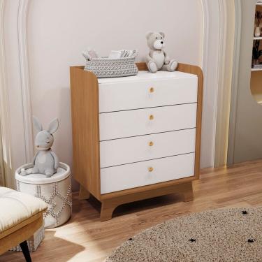 Imagem de Cômoda Infantil 4 Gavetas de Madeira Canela/Branco