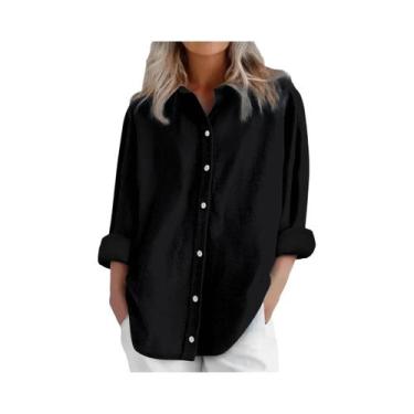 Imagem de Camisa Casual Feminina De Algodão E Linho Manga Longa Cor Sólida Com B