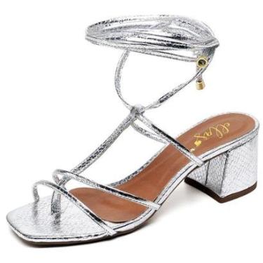 Imagem de Sandália Bico Quadrado Salto Bloco Médio Cristal Ella's-Feminino