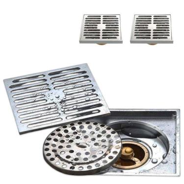 Imagem de Ralo 10x10 Inox Kit 2 Uni Banheiro Anti Inseto Anti Odor Casa Quintal Lavabo Rapido Escoamento Resistente