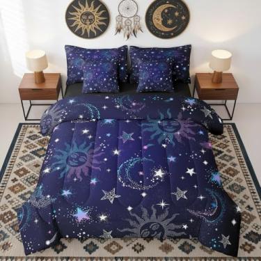 Imagem de Castle Fairy Jogo de cama casal com estampa de sol e lua, estilo boêmio, exótico, 7 peças, para crianças, meninos, galáxia estrelada, boêmia, poliéster, roxo escuro, edredom macio