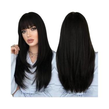 Imagem de Peruca Preta Lisa De 24 Polegadas Com Franja, Cabelo Sintético Resiste
