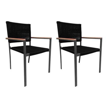 Imagem de Kit 2 Cadeiras Piracicaba Corda Náutica Braço Com Detalhe Em Madeira Base Alumínio Preto-preto