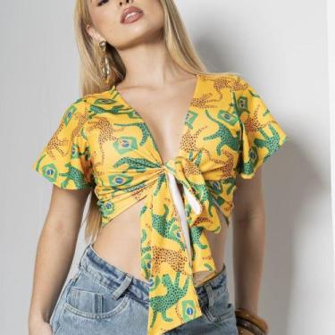 Imagem de Blusa Feminina Transpassada Amarrar Brasil Copa - - DecoShop, Amarelo,