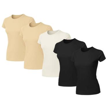 Imagem de Kit 5 Blusas Feminina Camiseta Lisa Básica Algodão Baby Look-Feminino