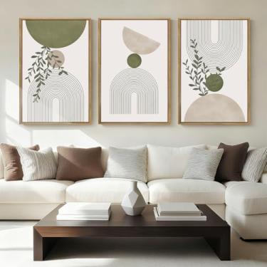 Imagem de ANHUIB Tela de arte de parede abstrata boho, decoração de parede verde sálvia emoldurada, folhas de impressão de arte geométrica, arte minimalista botânica, pintura natural bege de 3 peças 61 x 91 cm