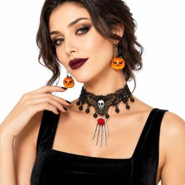 Imagem de Kit Gargantilha Choker Gótica com Renda e Esqueleto + Brincos Hallowee