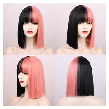 Imagem de Perucas femininas sintéticas perucas curtas com franja para mulheres, preto, rosa, roxo, vermelho, natural, cabelo humano (cor: HF, comprimento esticado: 35,5 cm)