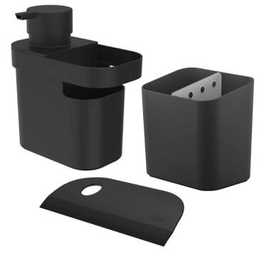 Imagem de Kit Dispenser Detergente Liquido Escorredor Talheres Rodo Compacto Pia Cozinha Preto - Ou