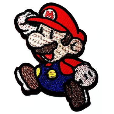 Imagem de Camiseta com logotipo do jogo Mario do personagem de desenho animado costurada, com ferro no emblema bordado