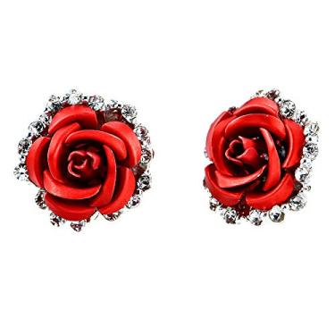 Imagem de Qudai Moda Alloy Crystal Rhinestone Ear Stud Earrings para Mulheres Girl Rose Flower Red Blue Opcional Gift Party Casamento Jóias Acessórios Encanto Luxo BD