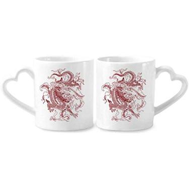 Imagem de Conjunto de canecas de porcelana para casal, retrato de animal de dragão chinês com alça de coração