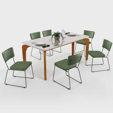 Imagem de Mesa De Jantar Capri 160cm Off White Nature Com 6 Cadeiras Allana B05 Facto Verde Musgo - Lyam Decor