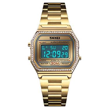 Imagem de Relógio esportivo clássico unissex masculino digital multifuncional pulseira de aço inoxidável quadrado à prova d'água eletrônico LED, Crystals Gold, Medium
