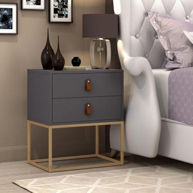 Imagem de Mesa De Cabeceira Cinza Moderno P/ Quarto Casal / Solteiro Com Puxadores Em Couro