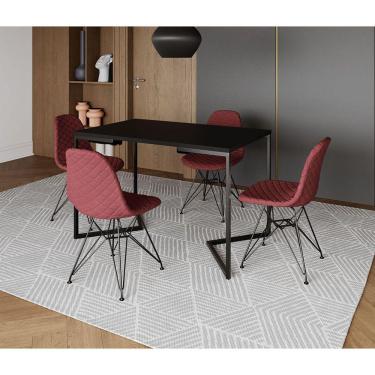 Imagem de Mesa Jantar Industrial Retangular Preta 120x75 Base V C/ 4 Cadeiras Estofadas Eiffel Vermelha Aço Pr