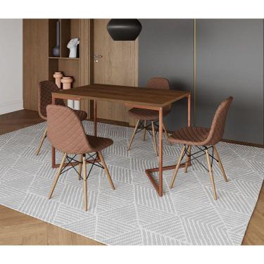 Imagem de Mesa Jantar Industrial Retangular Amêndoa 120x75 Base V Cobre com 4 Cadeiras Estofada Caramelo Madei