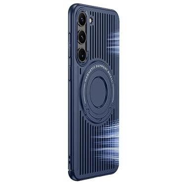 Imagem de CQSJX Capa fina para Samsung Galaxy S23 Ultra/S23 Plus/S23, capa oca de dissipação de calor, capa de telefone com suporte de anel magnético, azul, S23 6,1 polegadas