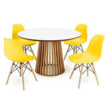 Imagem de Conjunto Mesa de Jantar Redonda Luana Amadeirada Branca 120cm com 4 Cadeiras Eames Eiffel - Amarelo