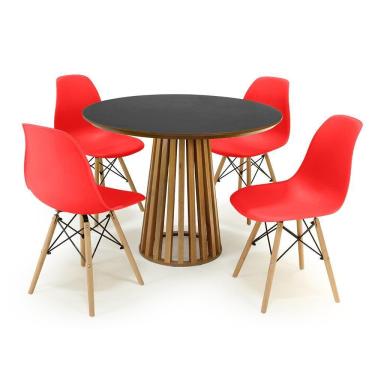 Imagem de Conjunto Mesa de Jantar Redonda Luana Amadeirada Preta 100cm com 4 Cadeiras Eames Eiffel - Vermelho