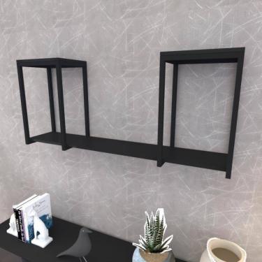 Imagem de Prateleira Industrial Suspensa Estante Parede Nicho Preto Ferro E Madeira Suporte Pratileira