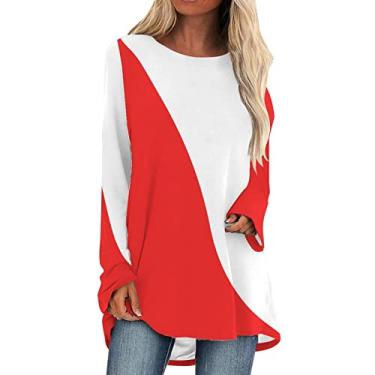 Imagem de Camiseta longa grande para mulheres com estampa colorida em bloco, gola redonda, túnica para usar com leggings Camisa de manga de feminino envolvente Patchwork colorido M28-Vermelho Medium