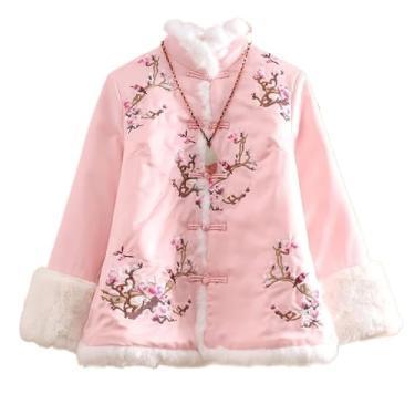Imagem de JYHBHMZG Casaco feminino outono inverno retrô bordado Pega, flor de ameixa, elegante, solto, jaqueta quente, rosa, M
