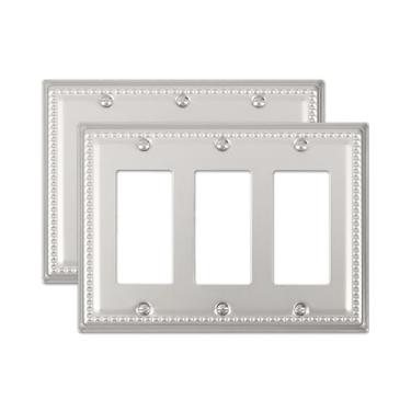Imagem de ZILLSEA Pacote com 2 placas de parede decoradoras triplas, placa de cobertura de tomada de metal para receptáculo, tomadas GFCI, interruptor de regulação, placa decorativa de parede de níquel
