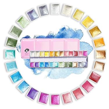 Imagem de Paul Rubens Tintas Aquarela de Artistas - Cores Sólidas Brilhantes Metálicas - Caixa de Metal Portátil Rosa com Paleta - Conjunto de 24 Cores Brilhantes Aquarela