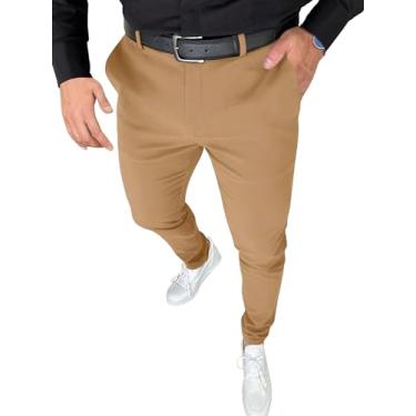 Imagem de PLEPAN Calça social masculina elástica slim fit casual calça de golfe com cintura expansível, Dourado, marrom, 3G