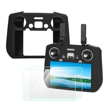 Imagem de ZWLLKJGS Capa protetora de silicone para controle + películas protetoras de tela HD para DJI Mini 4 Pro/Air 3/Neo Drone RC 2, acessórios de controle remoto (preto)