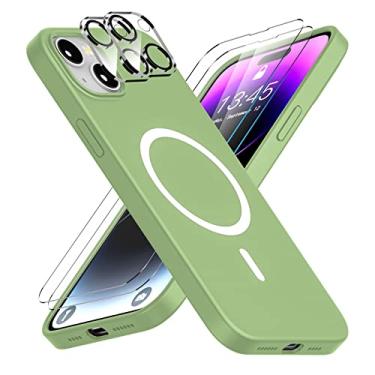 Imagem de jaroco [8 em 1] Capa projetada para iPhone 14 Plus, capa fina de silicone líquido [compatível com MagSafe] [com 2 peças de protetor de tela de vidro + protetor de lente de câmera] capa de telefone à prova de choque - verde Matcha