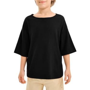 Imagem de Camisetas masculinas de gola canoa grandes camisetas básicas de verão 5-14 anos, Preto, 13-14 Anos