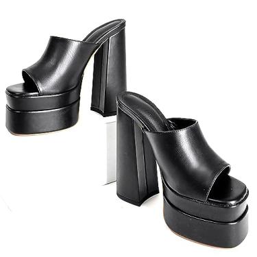 Imagem de WEALTHY73 Pantufas femininas quadradas de bico aberto de salto alto 15 cm / 6 polegadas plataforma deslizante sandália robusta estável, Preto, US6.5 EU38